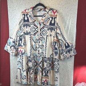 Patterned Women's Top with Blue and Cream Accents